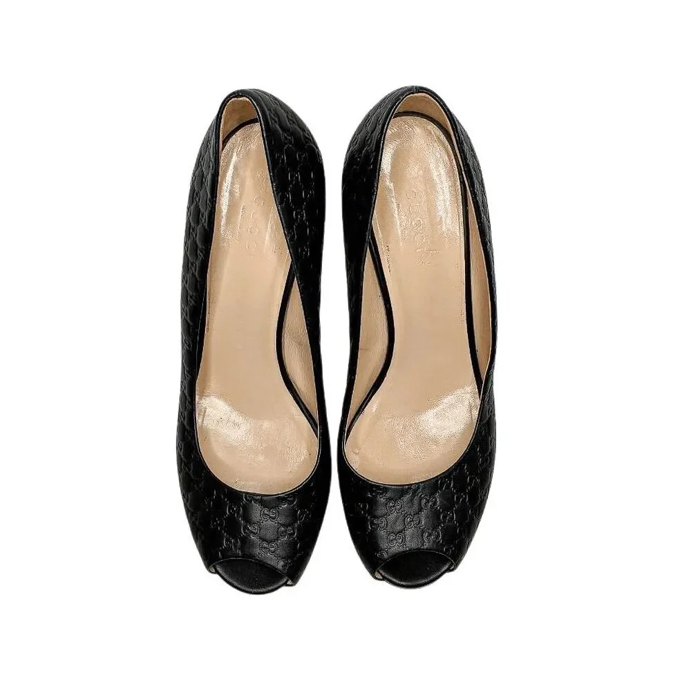 Gucci Microguccissima Black Peep Toe Pumps 38 Block High Heel GG Logo Leather - Picture 2 of 12